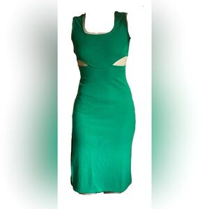 Green mock two piece dress long mid calf open back slimming side window stretch